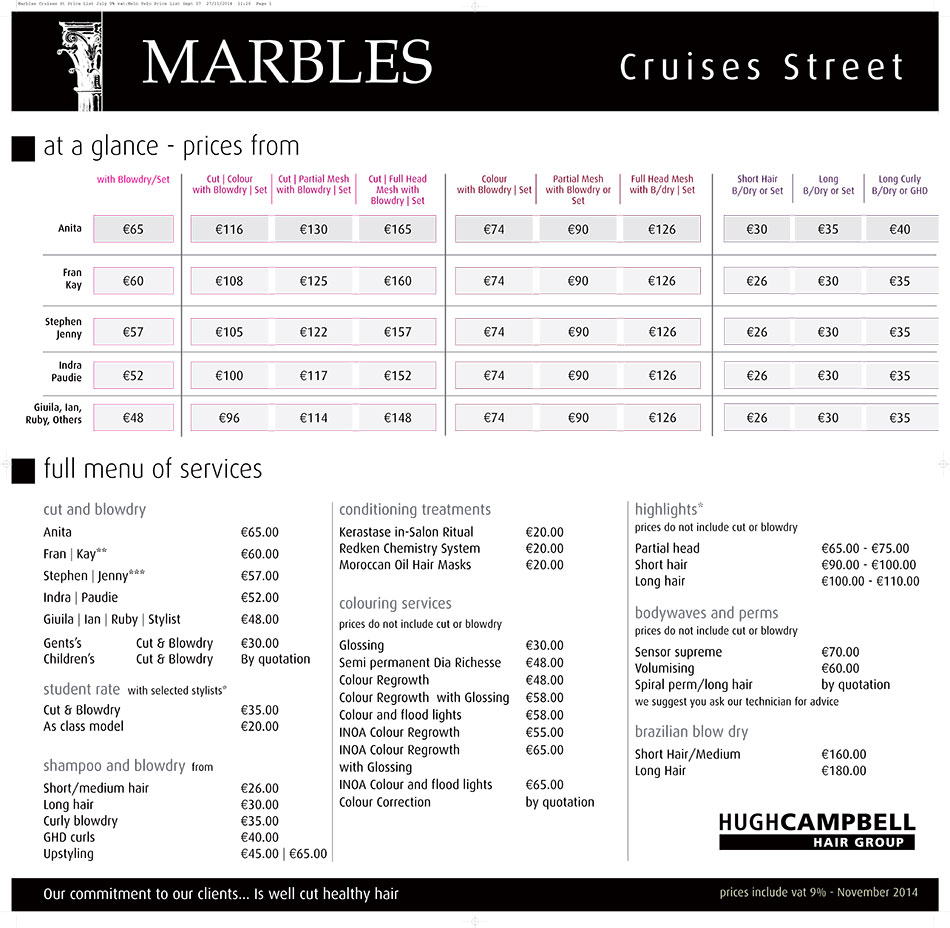 Price List - Marbles Salon Cruises Street - Hugh Campbell