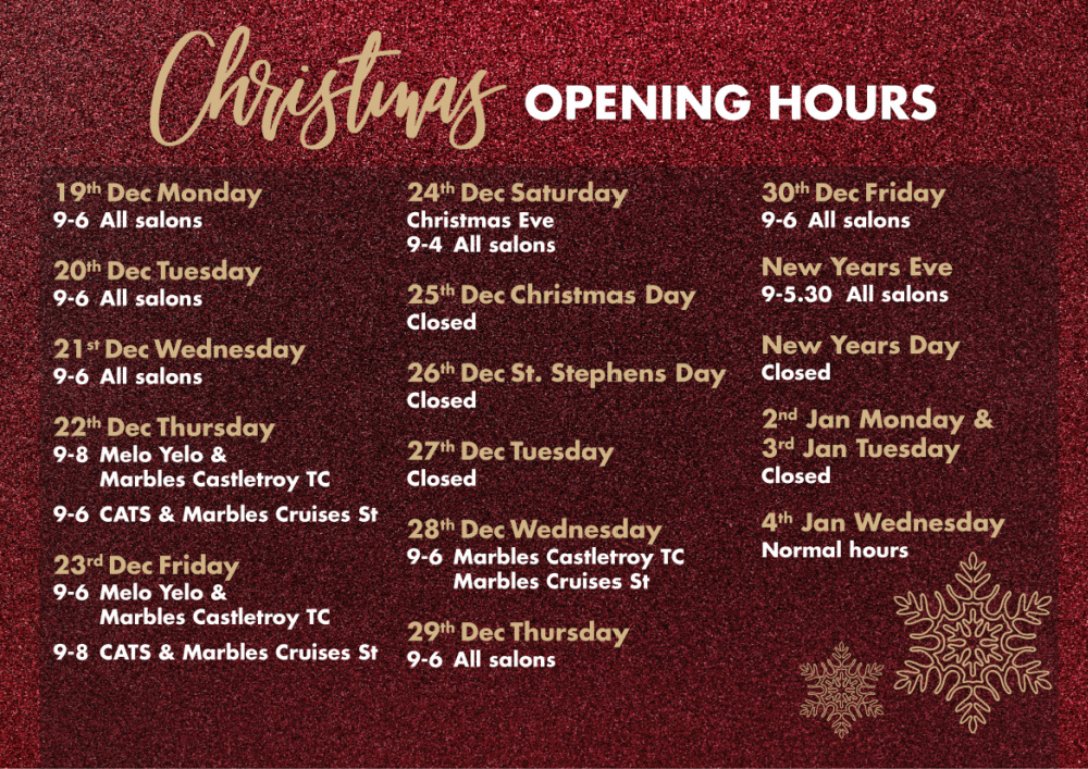 Christmas Opening Hours at Hugh Campbell Hair Group Limerick Hair Salons